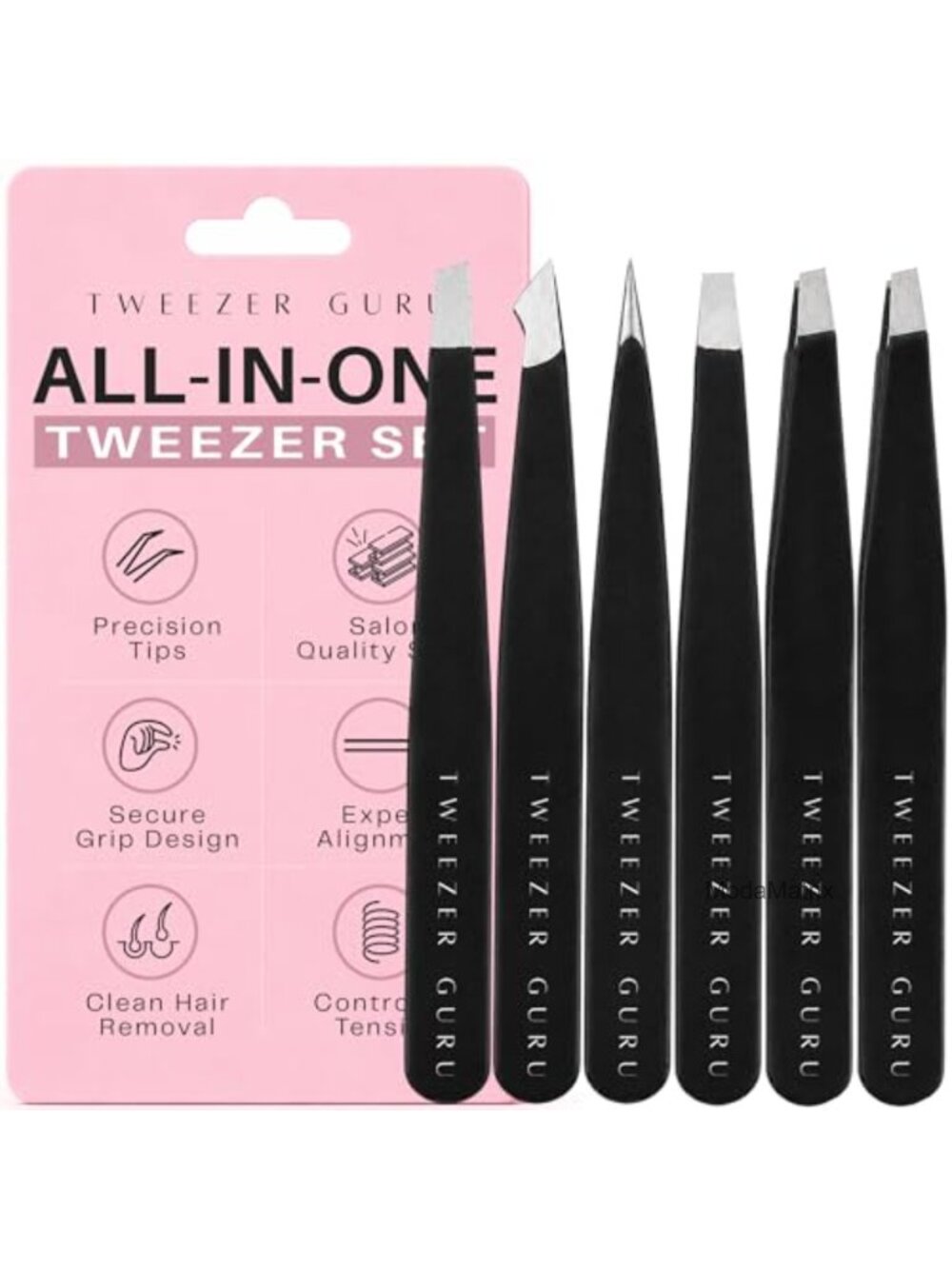 Professional Slant Pointed Tweezers Set Stainless Steel 6 Pack with Case